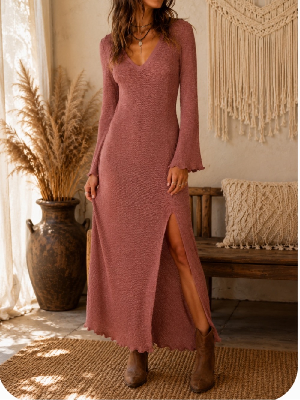 LA Made Point Dume Bell Sleeve Maxi Dress in Dusty Rose NEW